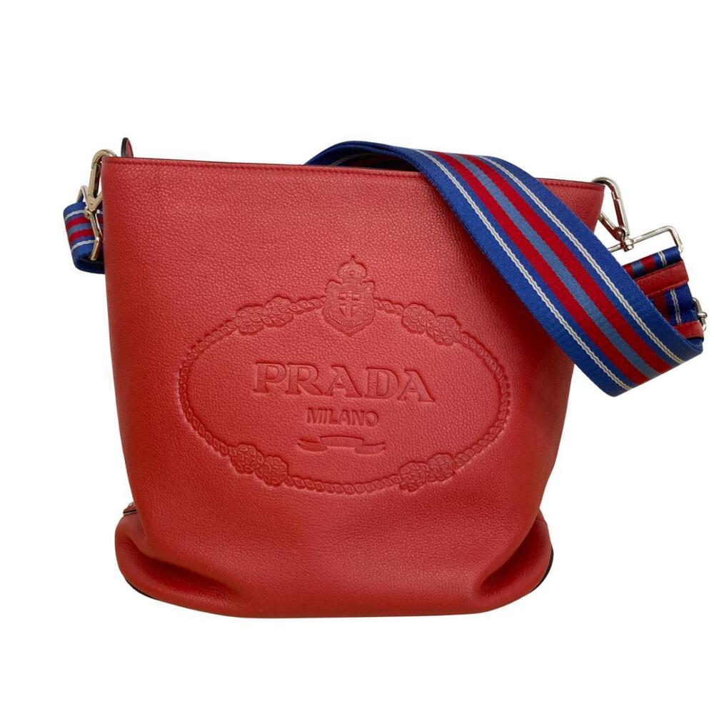 PRADA Vitello Phoenix Leather Shoulder Bag Messenger Red Blue Stripe